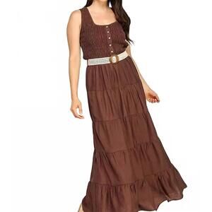 NEW RUBIENN solid ruffle flowy maxi dress in brown
